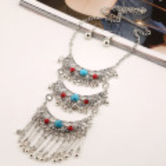 #020 Hollow Gemstone Necklace Vintage Tassel Chain with Earrings - Picture 2 of 4